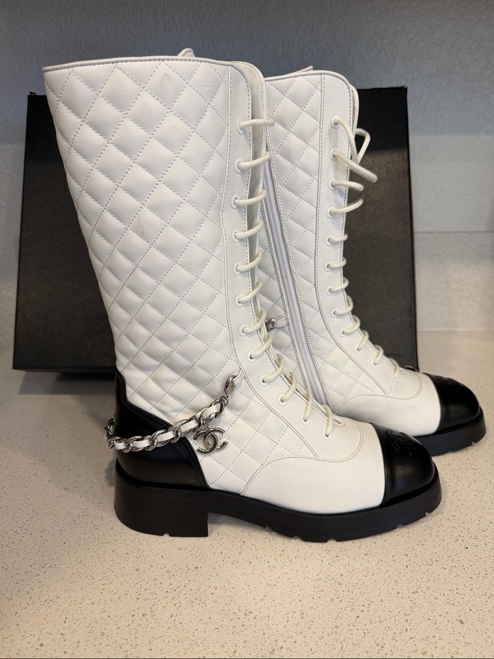 CHANEL White Quilted Leather Lace-Up Combat Boots with Black Cap Toe & Chain - Picture 3 of 6